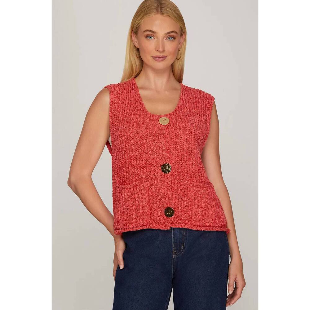 NEW SHE + SKY sleeveless crochet sweater vest in red